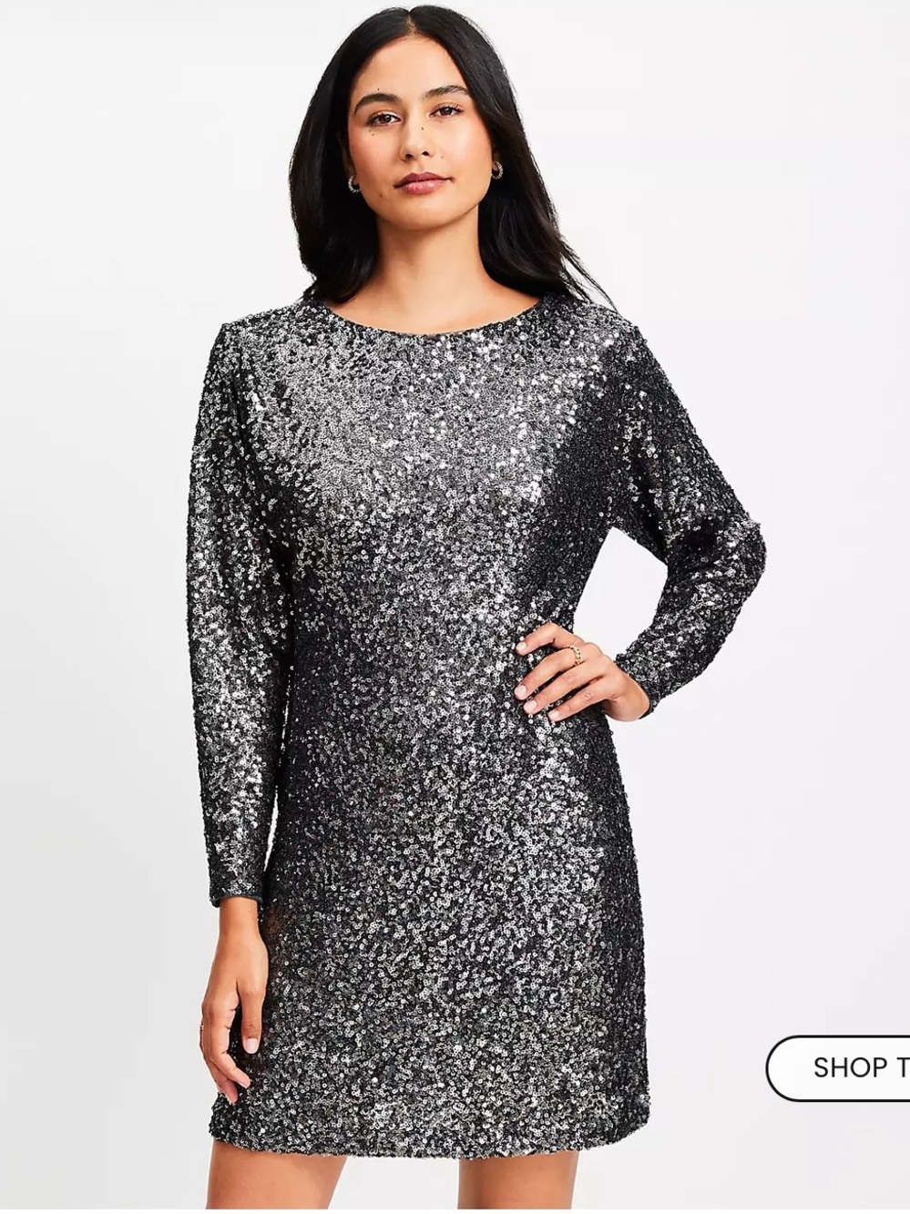 LOFT Silver Sequin Long-Sleeve Shift Dress